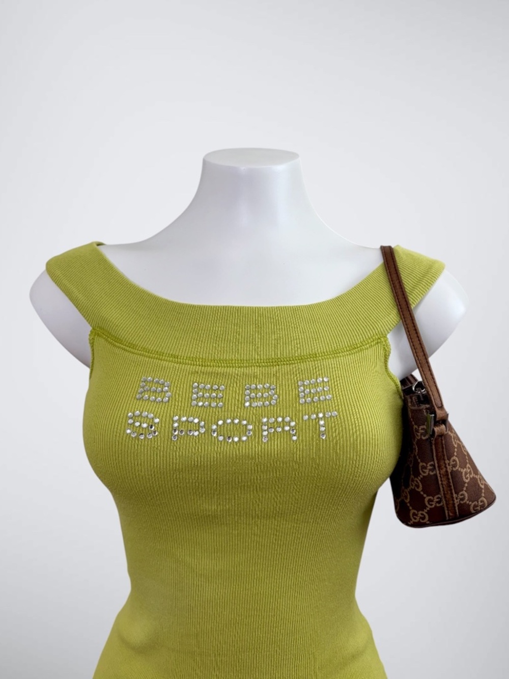 VINTAGE Y2K Bebe Sport Lime Green Rhinestone Spellout Boat Neck Top - Picture 3 of 7